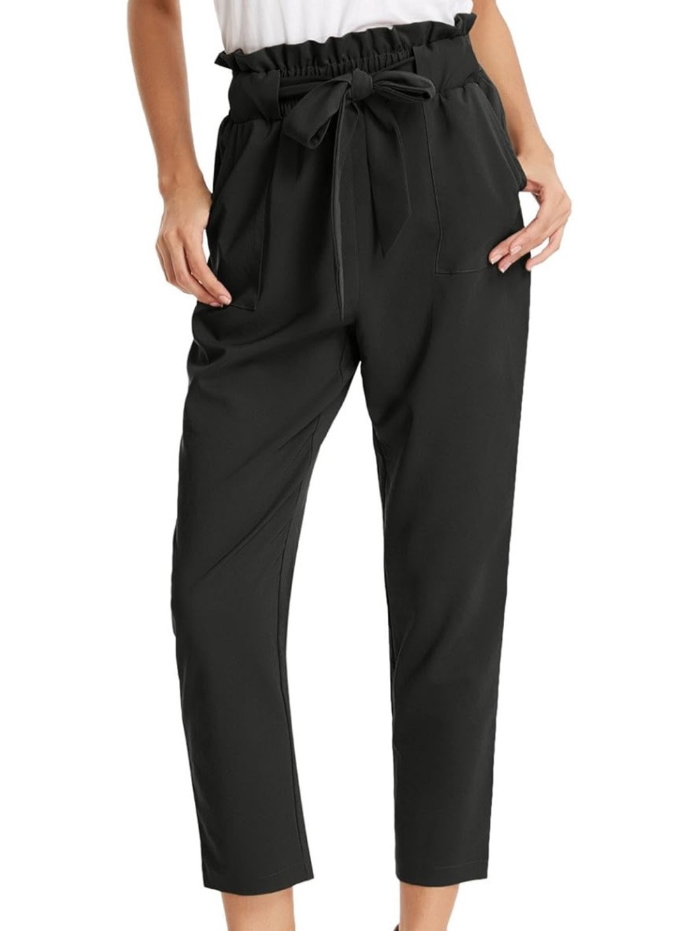 Grace Karin Black Paperbag High Waist Cropped Pants With Tie Belt